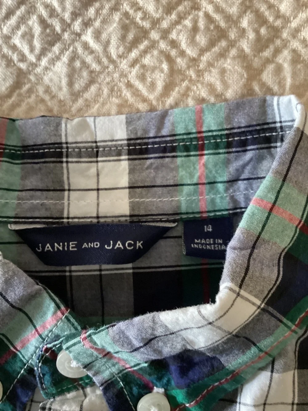 Janie and Jack boys size 14 green plaid cotton Oxford shirt